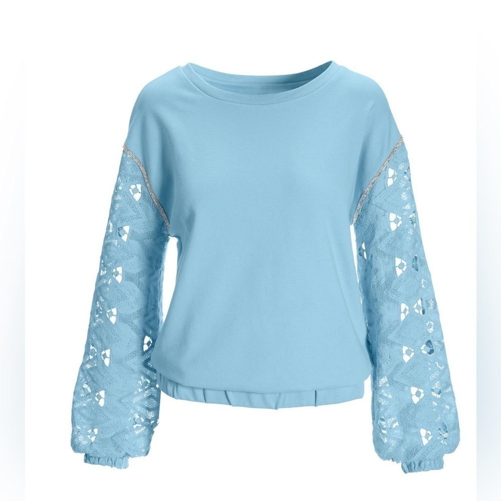 BOSTON PROPER Embellished Lace Sleeve Sweatshirt MEDIUM - Picture 3 of 9